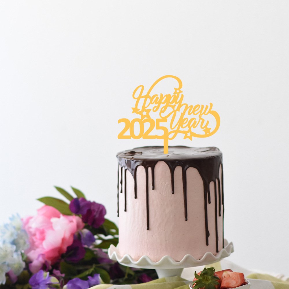 New 2025 Happy New Year Golden Acrylic Cake Topper New Year Party Cake Decoration