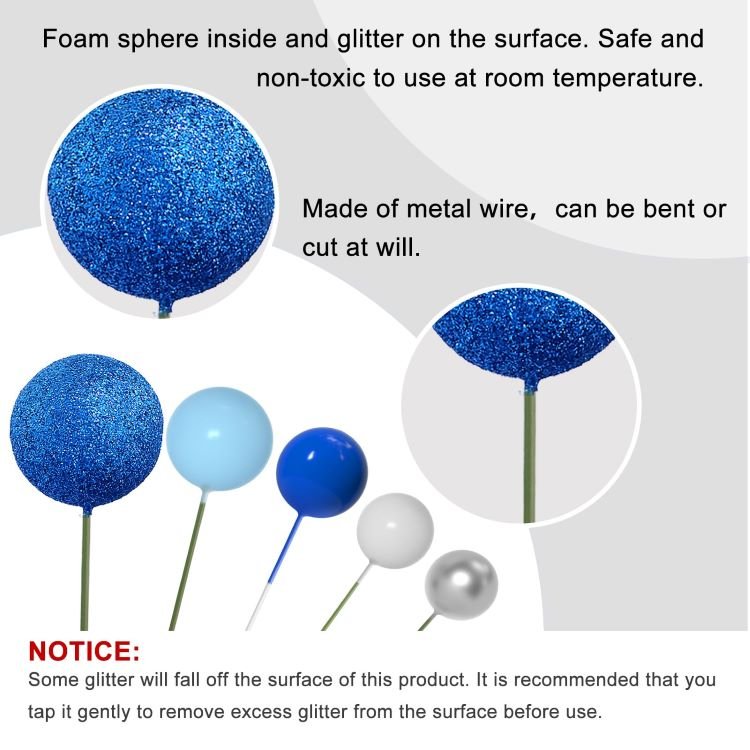 Blue Glitter Faux Cake Topper Sticks Mini Balloons Foam Balls Cake decorations for Baby Shower Cake Birthday Decorations