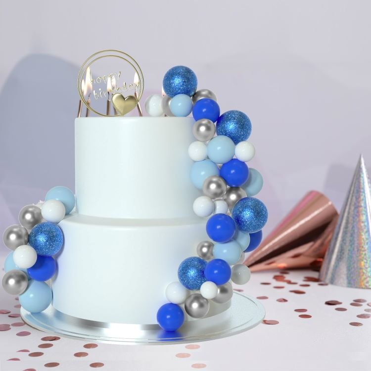 Blue Glitter Faux Cake Topper Sticks Mini Balloons Foam Balls Cake decorations for Baby Shower Cake Birthday Decorations