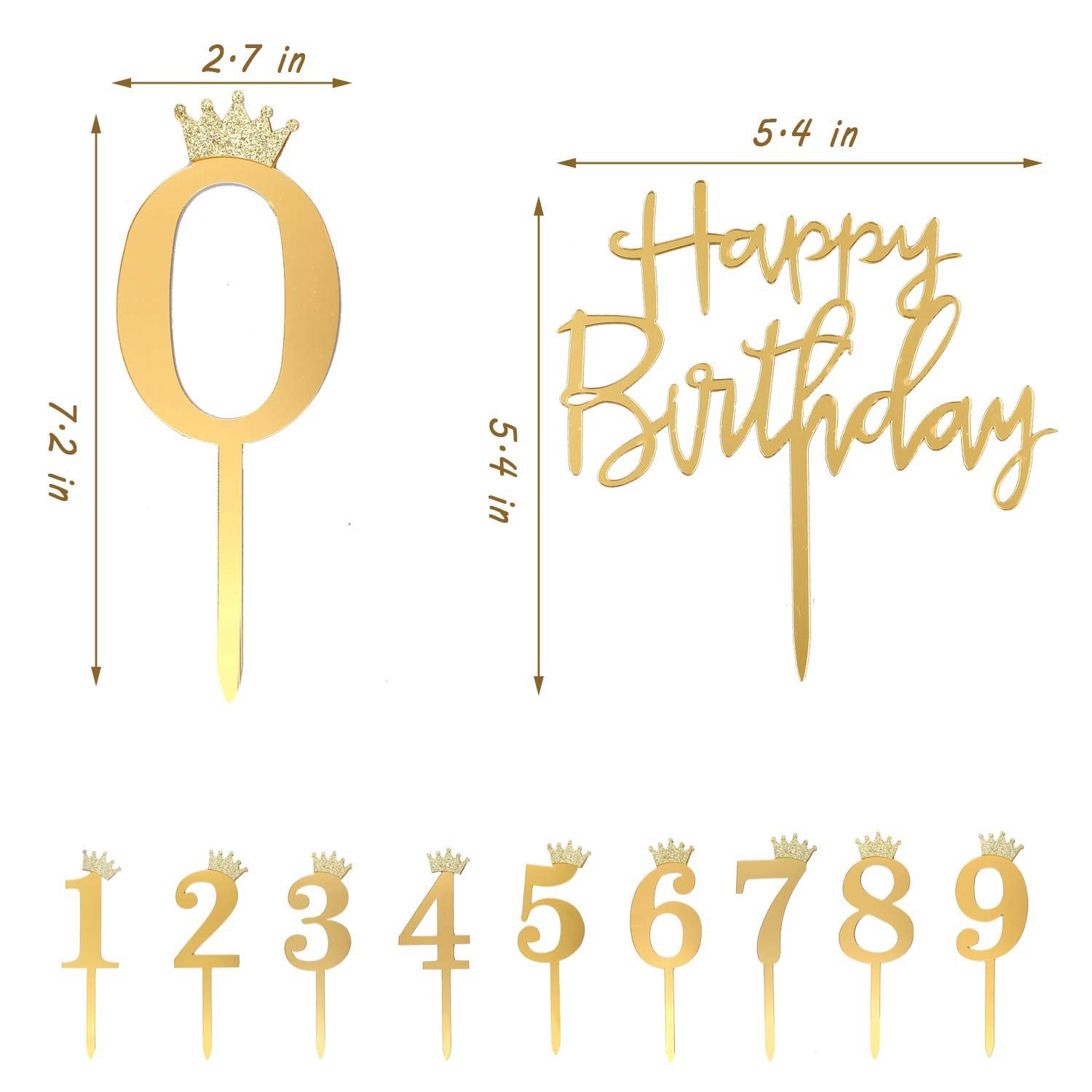 11pcs Acrylic Cake Card Set Gold Happy Birthday Crown Digital Acrylic Cake Decorative ornament dessert decoration