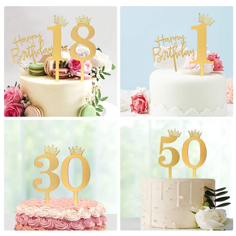 11pcs Acrylic Cake Card Set Gold Happy Birthday Crown Digital Acrylic Cake Decorative ornament dessert decoration