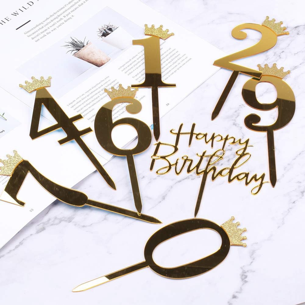 11pcs Acrylic Cake Card Set Gold Happy Birthday Crown Digital Acrylic Cake Decorative ornament dessert decoration