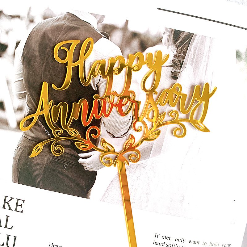 Happy Anniversary Cake Decorating Supplies Golden Acrylic Letter Cake Topper for Wedding Anniversary Baking Decorating Supplies