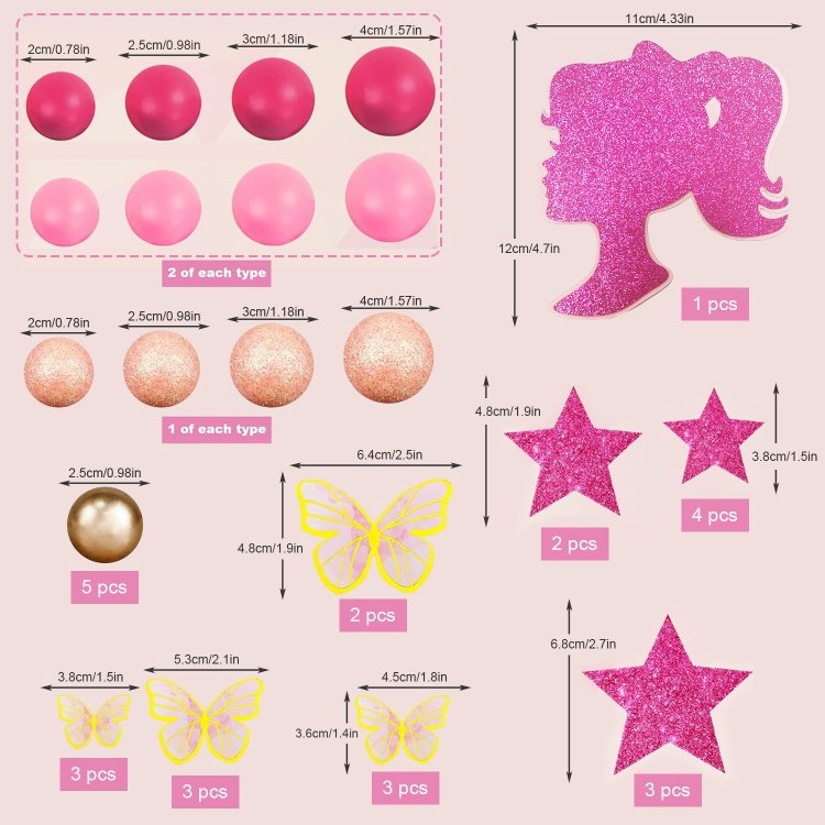 Hot Pink Girl Cake Toppers with Pink Gold Butterfly Balls Star Doll Cake Toppers for Wedding Birthday Themed Party Supplies