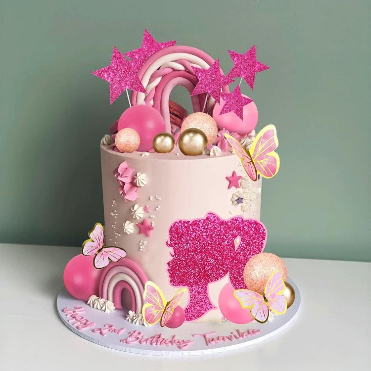 Hot Pink Girl Cake Toppers with Pink Gold Butterfly Balls Star Doll Cake Toppers for Wedding Birthday Themed Party Supplies