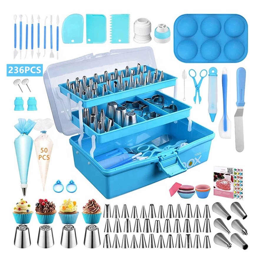 Kingwise Hot Sale Christmas Baking Tools Cake Tools Set Piping Tips 236pcs Cake Decorating Supplies Kit with Storage Box