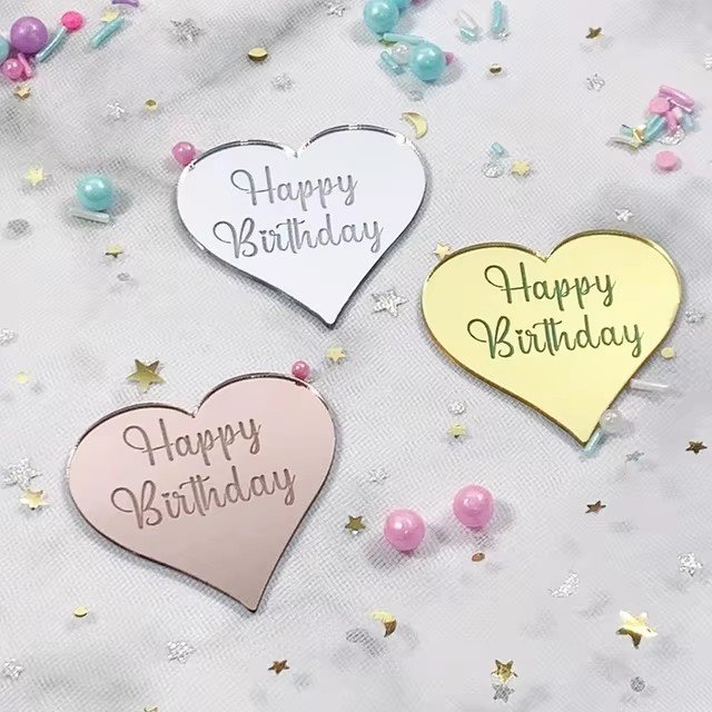 Acrylic Rose Gold Silver Happy Birthday Cake Topper Hexagon Heart Cupcake Toppers Wedding Party Dessert Cake Decoration Tools