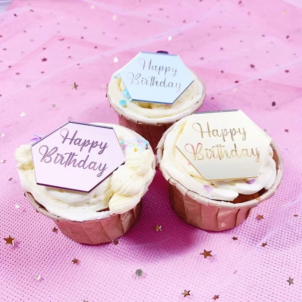 Acrylic Rose Gold Silver Happy Birthday Cake Topper Hexagon Heart Cupcake Toppers Wedding Party Dessert Cake Decoration Tools