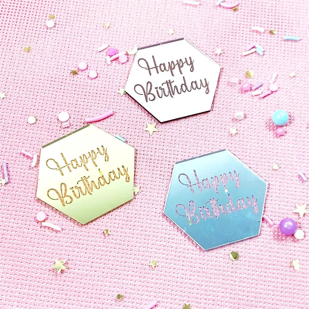 Acrylic Rose Gold Silver Happy Birthday Cake Topper Hexagon Heart Cupcake Toppers Wedding Party Dessert Cake Decoration Tools