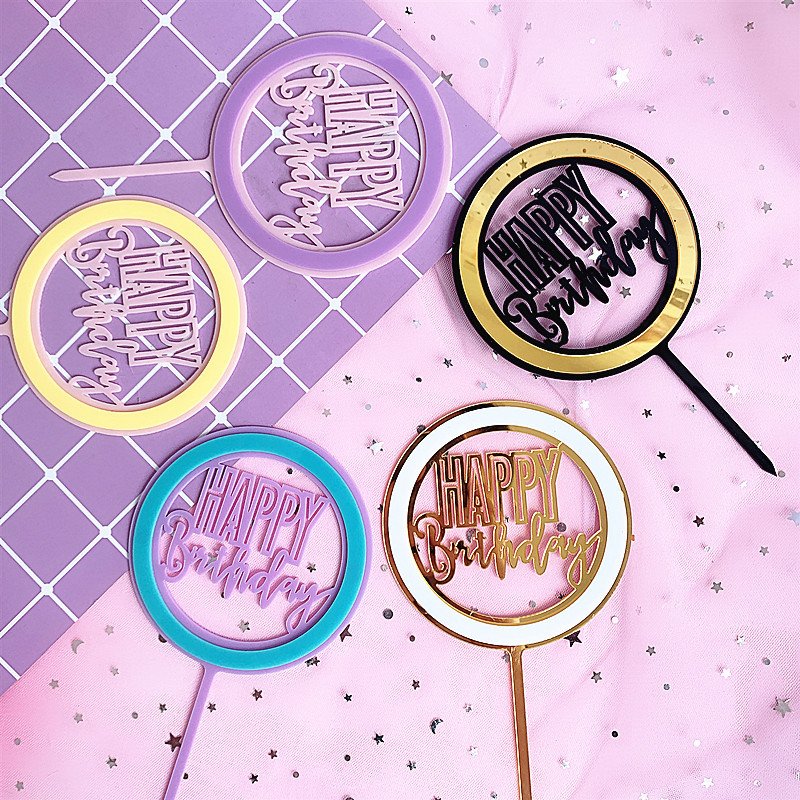 Discount Acrylic Happy Birthday Cake Topper Gold Circle Double Layer Colorful Cupcake Toppers for Birthday Party Cake Decoration