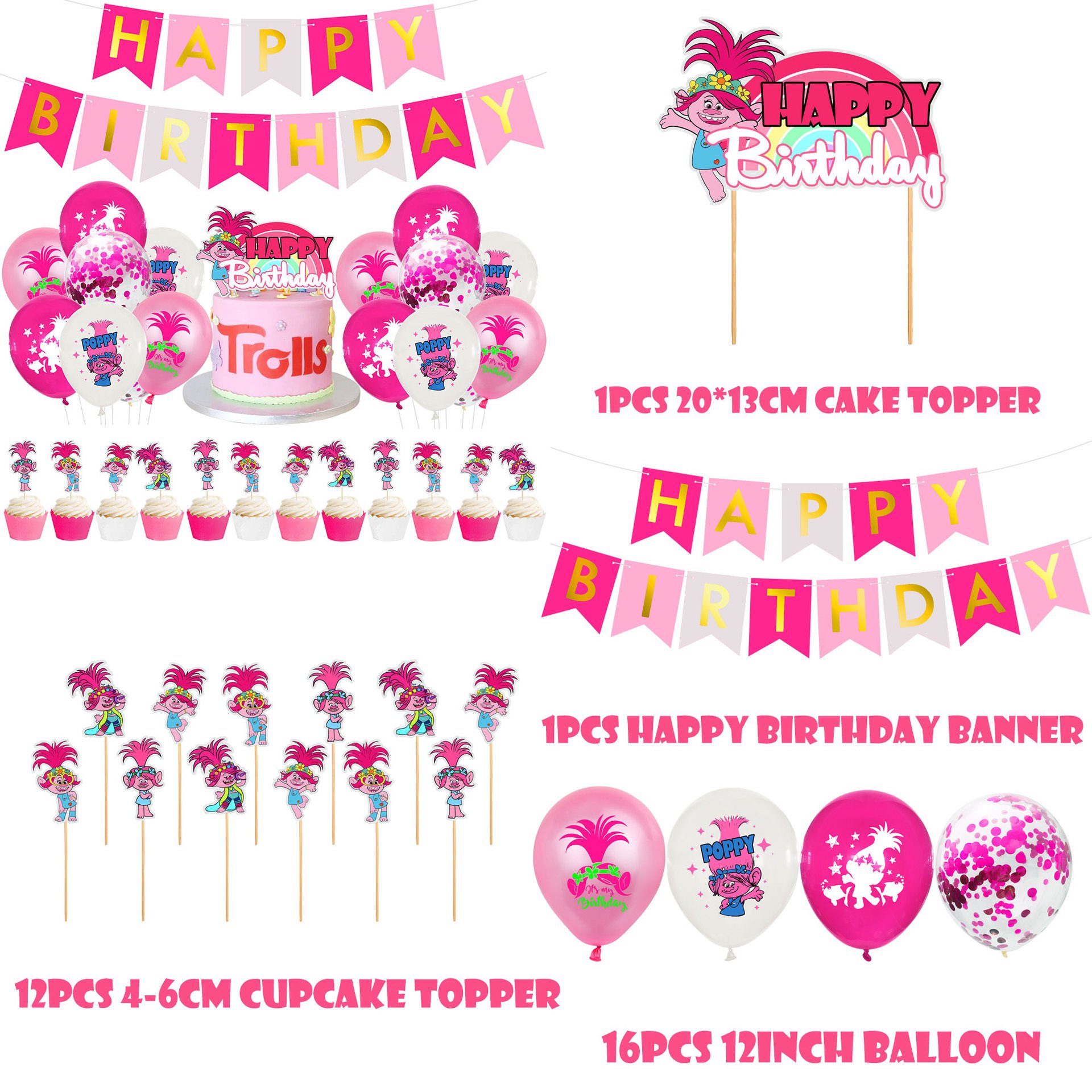 Kids Girl Pink Trolls World Tour Happy Birthday Balloon Decoration Supplies Baby Shower Party Decors Poppy Party Photo Boothprop