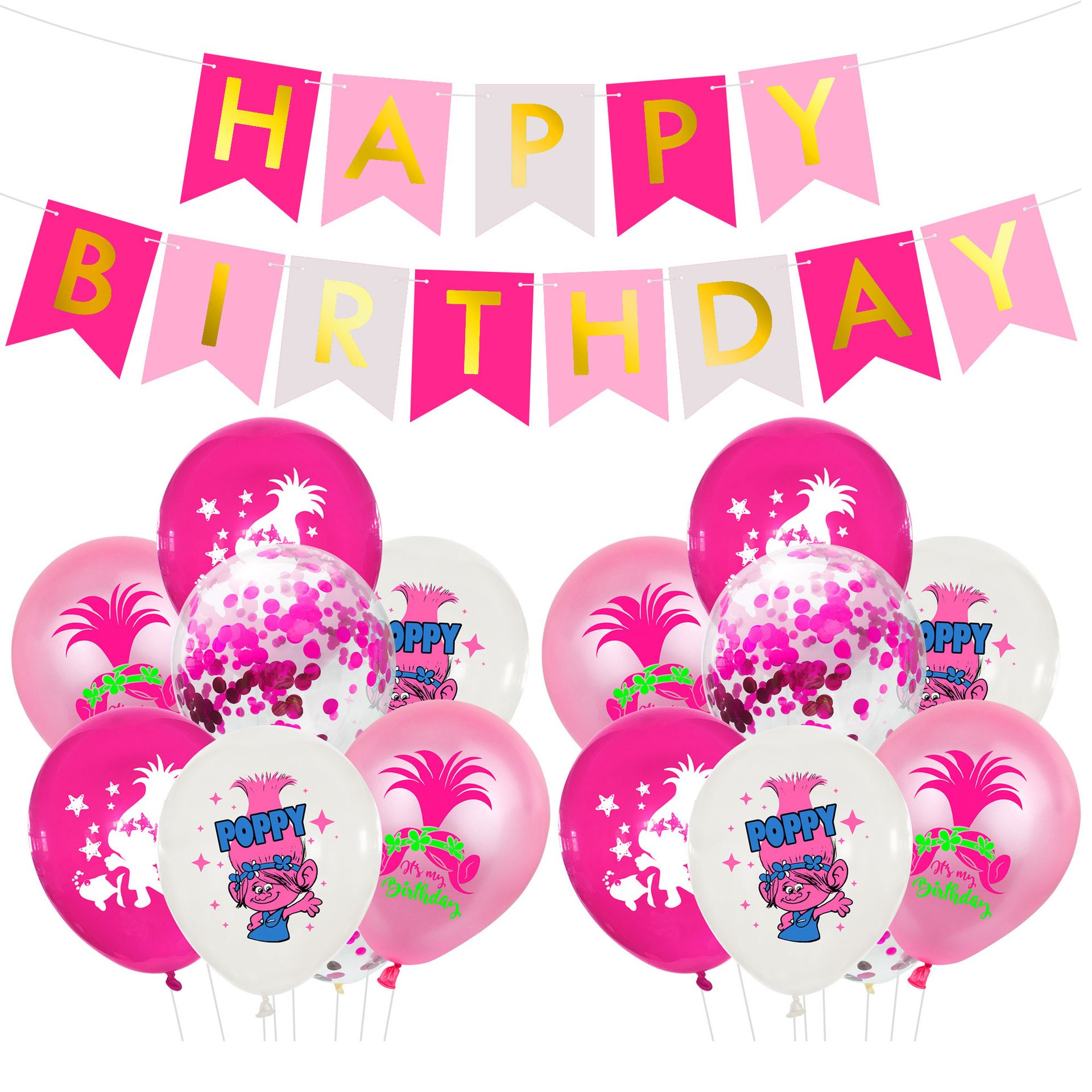 Kids Girl Pink Trolls World Tour Happy Birthday Balloon Decoration Supplies Baby Shower Party Decors Poppy Party Photo Boothprop
