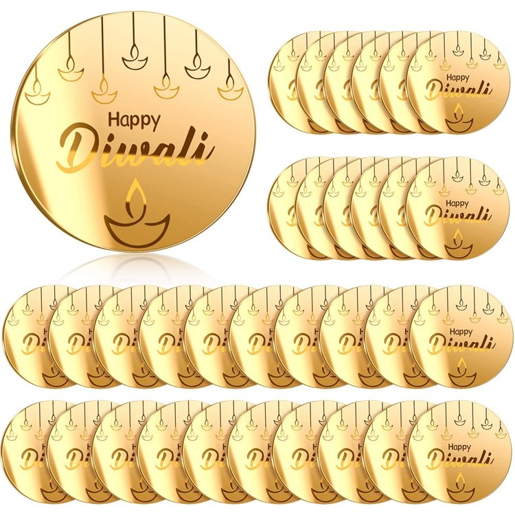 Hstyle Gold Mirror Disc Engraved Happy Diwali Cake Topper Indian Festival of Lights Deepavali Cake Cupcake Dessert Decors PQ189