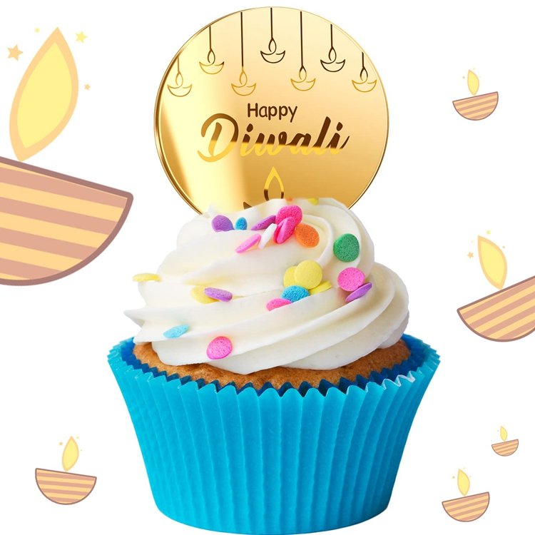 Hstyle Gold Mirror Disc Engraved Happy Diwali Cake Topper Indian Festival of Lights Deepavali Cake Cupcake Dessert Decors PQ189