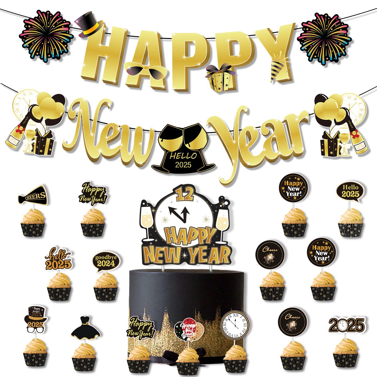 2025 Happy New Year Bunting Banner Cake Topper Photo Props Foil Latex Balloons For New Year Party Decorations