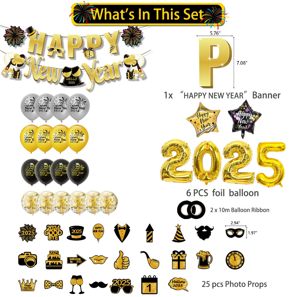 2025 Happy New Year Bunting Banner Cake Topper Photo Props Foil Latex Balloons For New Year Party Decorations