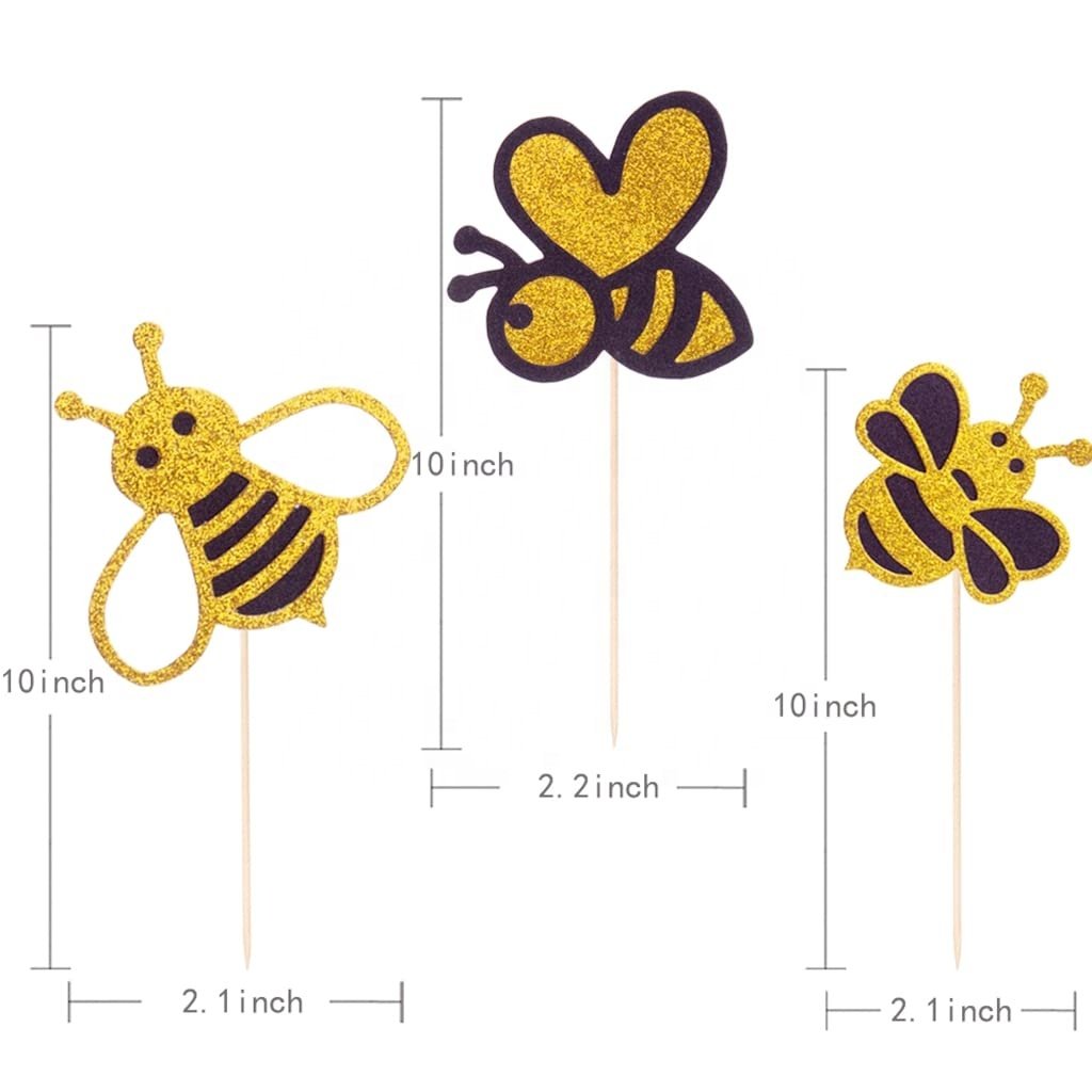 Glitter New Bumble Bee Cupcake Toppers, Baby Bee Gender Reveal Baby Shower Birthday Party Cake Decorations Supplies