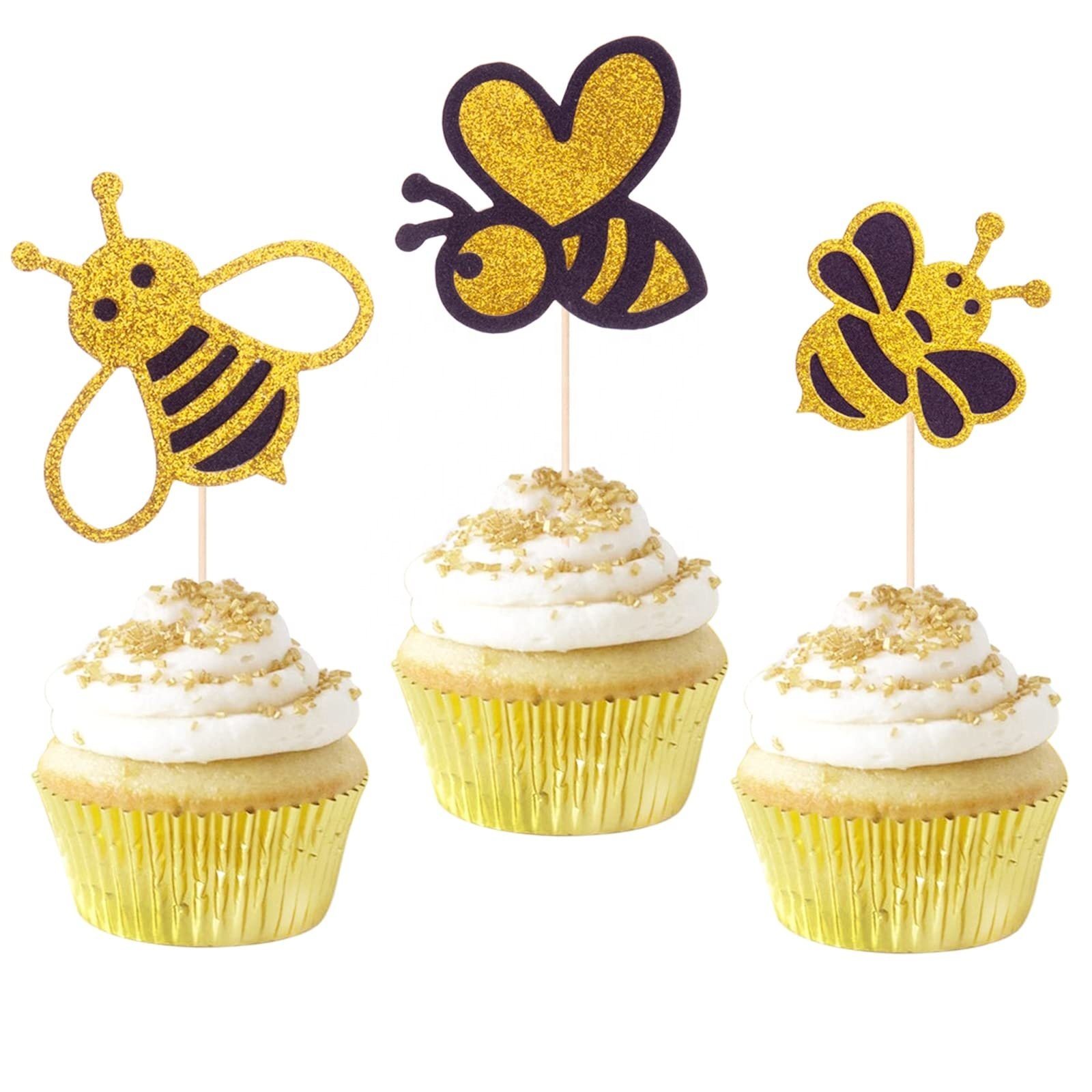 Glitter New Bumble Bee Cupcake Toppers, Baby Bee Gender Reveal Baby Shower Birthday Party Cake Decorations Supplies