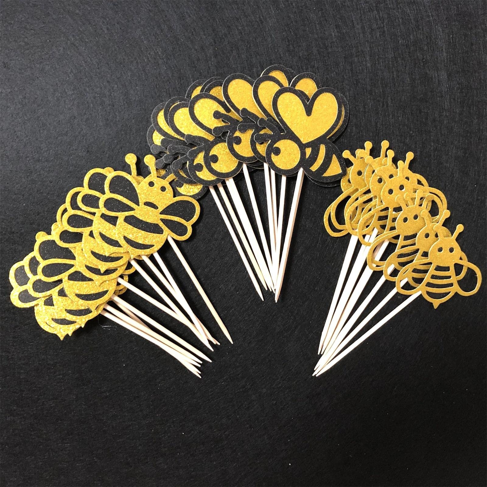 Glitter New Bumble Bee Cupcake Toppers, Baby Bee Gender Reveal Baby Shower Birthday Party Cake Decorations Supplies
