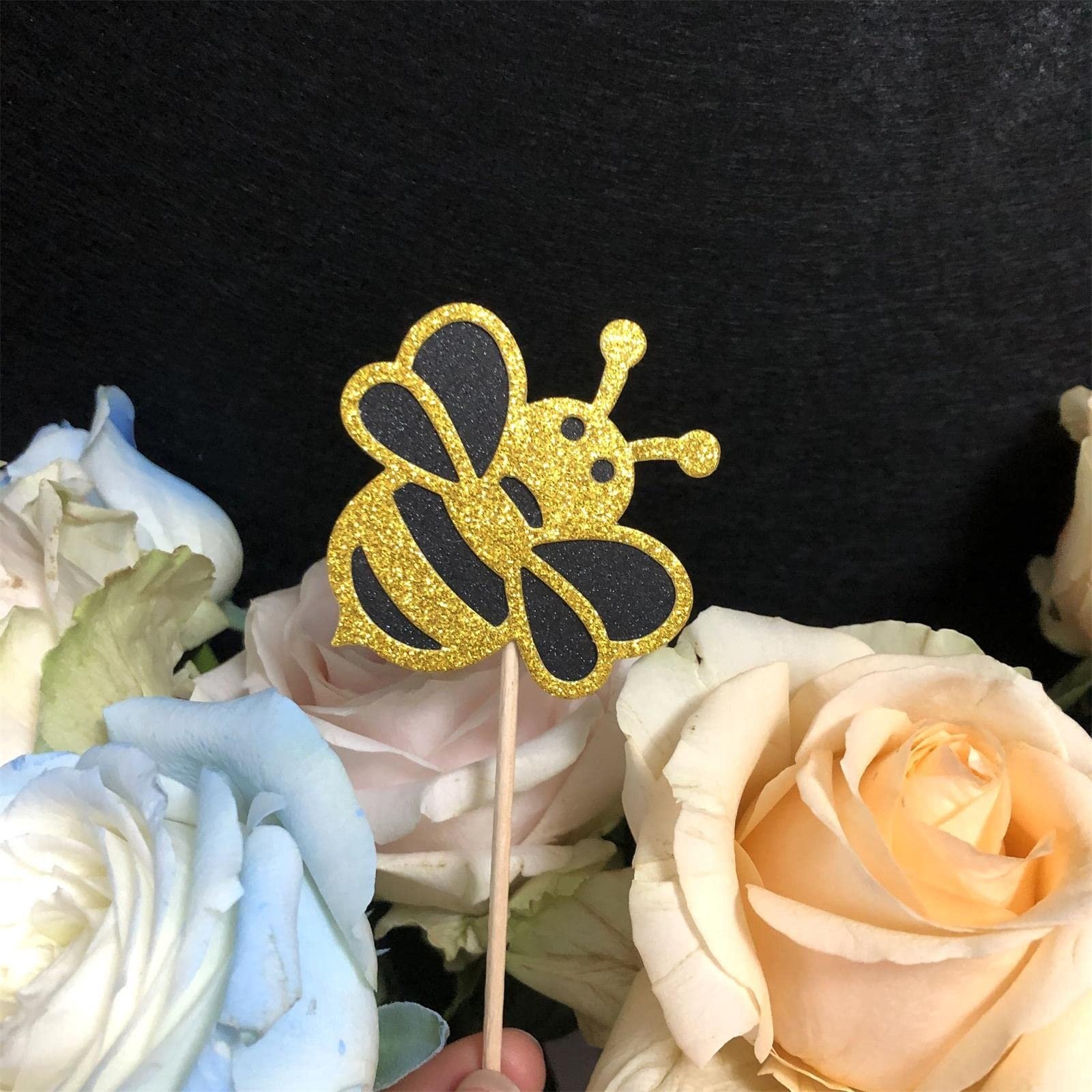 Glitter New Bumble Bee Cupcake Toppers, Baby Bee Gender Reveal Baby Shower Birthday Party Cake Decorations Supplies