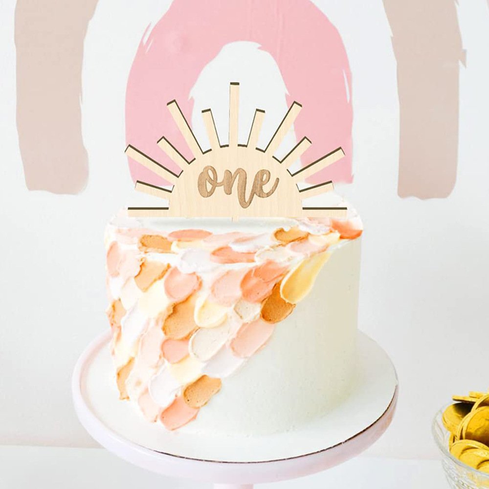 Baby Shower Party Supplies Wooden Sunrise "One" Birthday Cake Topper Baby's First Birthday Wild One Cake Dessert Topper XQ083