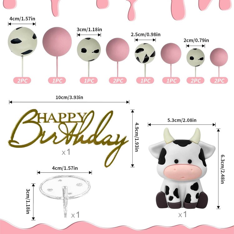 Pink Cow Cake Decorations Pearls Balls Cake Toppers with Gold Acrylic Cake Topper for Baby Shower Wedding Birthday Party