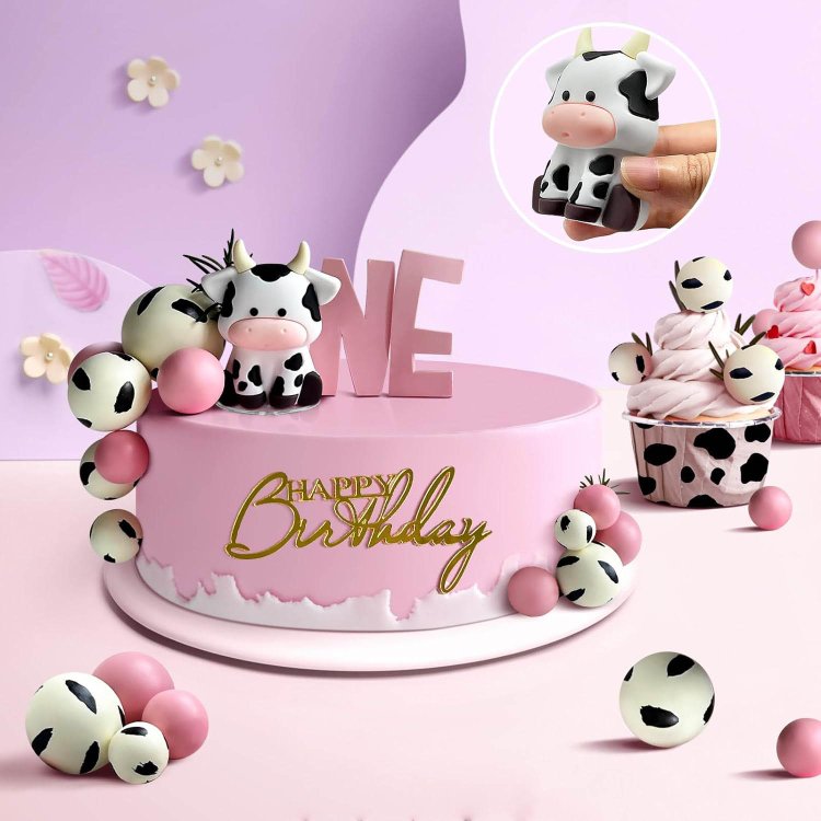 Pink Cow Cake Decorations Pearls Balls Cake Toppers with Gold Acrylic Cake Topper for Baby Shower Wedding Birthday Party