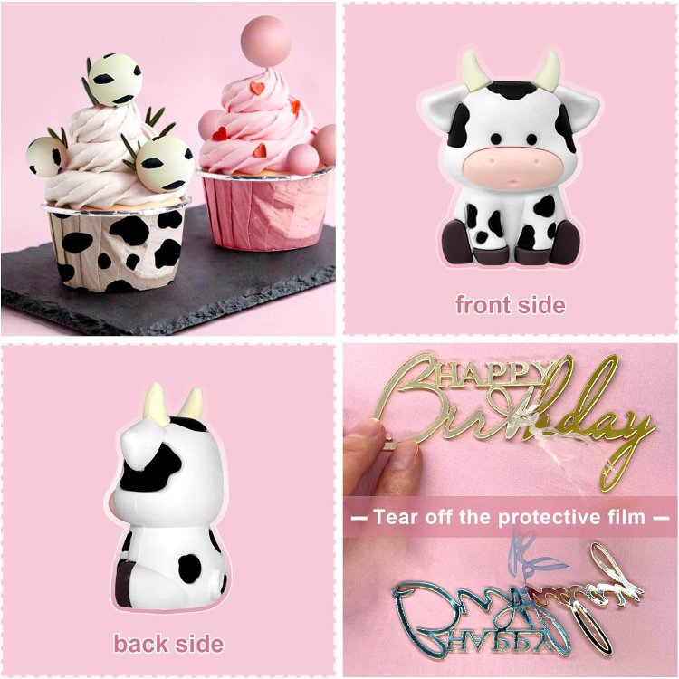 Pink Cow Cake Decorations Pearls Balls Cake Toppers with Gold Acrylic Cake Topper for Baby Shower Wedding Birthday Party