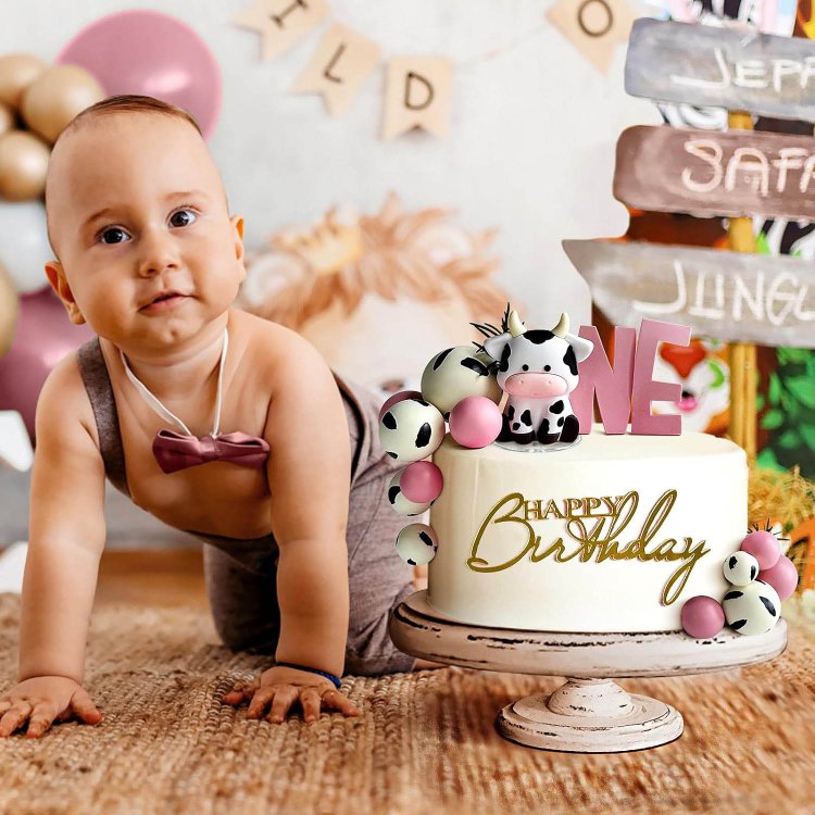 Pink Cow Cake Decorations Pearls Balls Cake Toppers with Gold Acrylic Cake Topper for Baby Shower Wedding Birthday Party