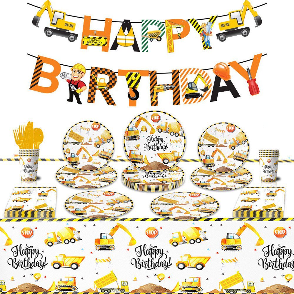 Construction truck balloon decoration included Plates Cups napkins tablecloth banner balloon set birthday party decorations