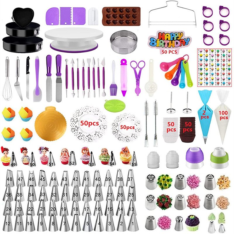 Cake Decorating Kit with Springform Cake Pans Turntable Piping Tips Russian Nozzles and Cupcake Supplies
