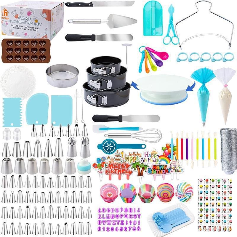 Cake Decorating Kit with Springform Cake Pans Turntable Piping Tips Russian Nozzles and Cupcake Supplies