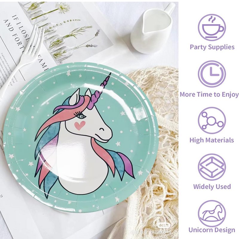 LR Green 9 inch Rainbow Unicorn Cartoon Disposable Paper Plates For Children Birthday Or Graduation Party Table Decoration plate