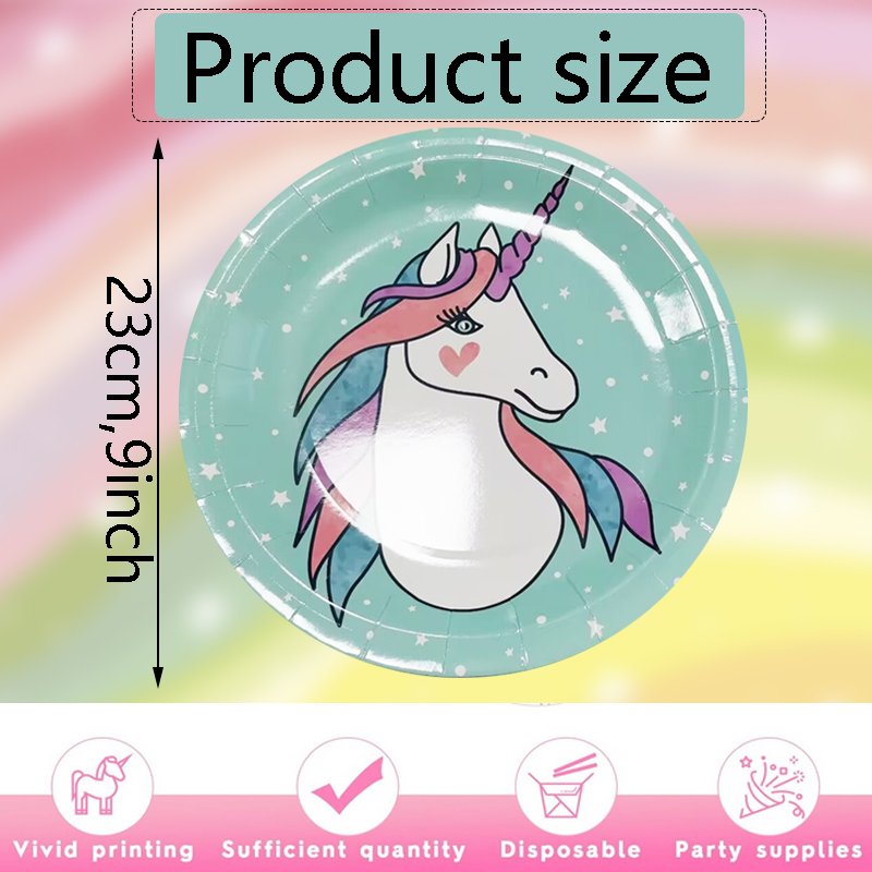 LR Green 9 inch Rainbow Unicorn Cartoon Disposable Paper Plates For Children Birthday Or Graduation Party Table Decoration plate