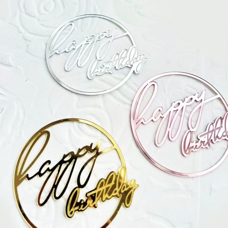 Hstyle Mirror Acrylic Flank Round Happy Birthday Cake Toppers Cupcake Topper Birthday Party Side Cake Decorations Supplies PQ210