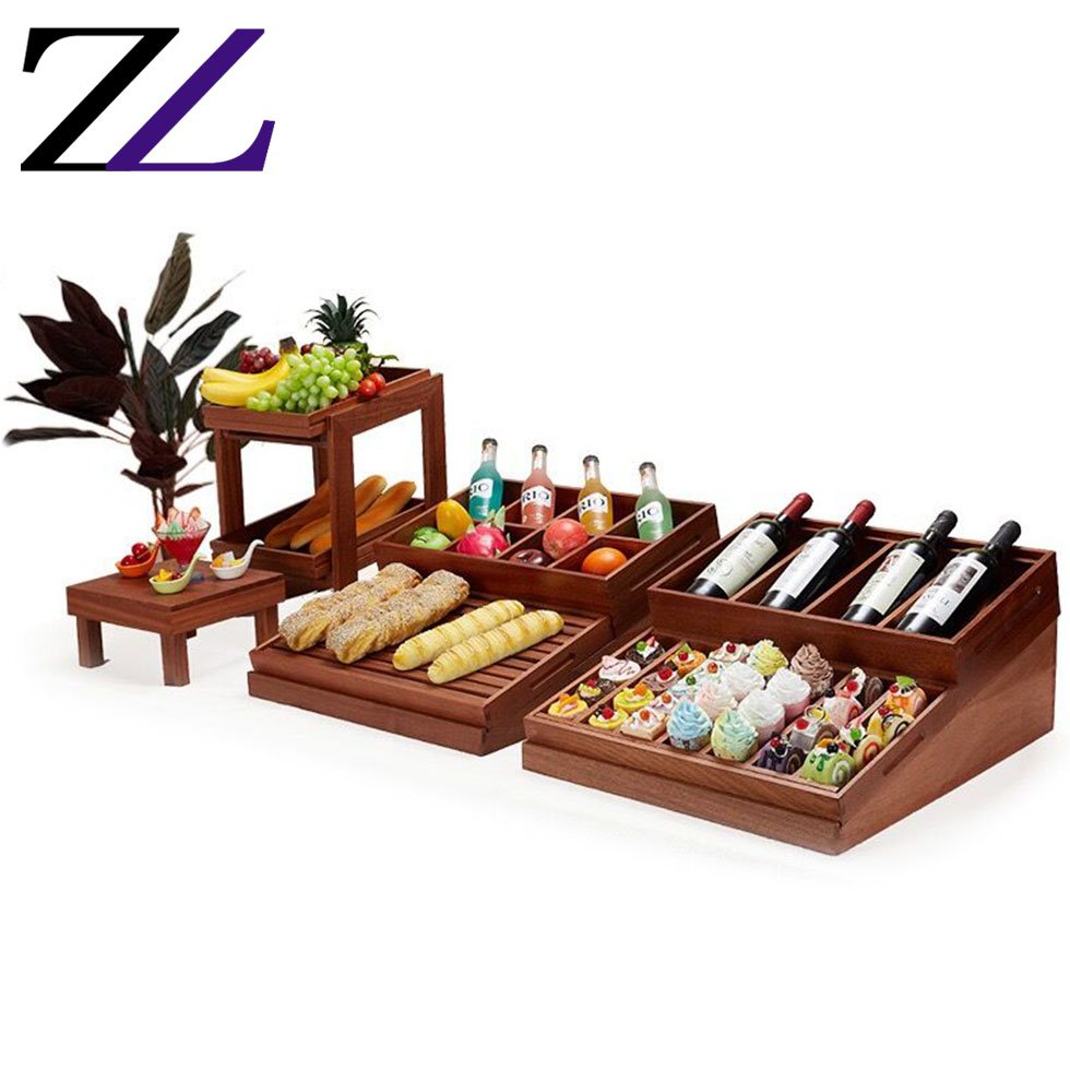 F&B chef items hotel catering equipment wooden furniture decorative wooden buffet rack riser/ buffet stand catering for sale