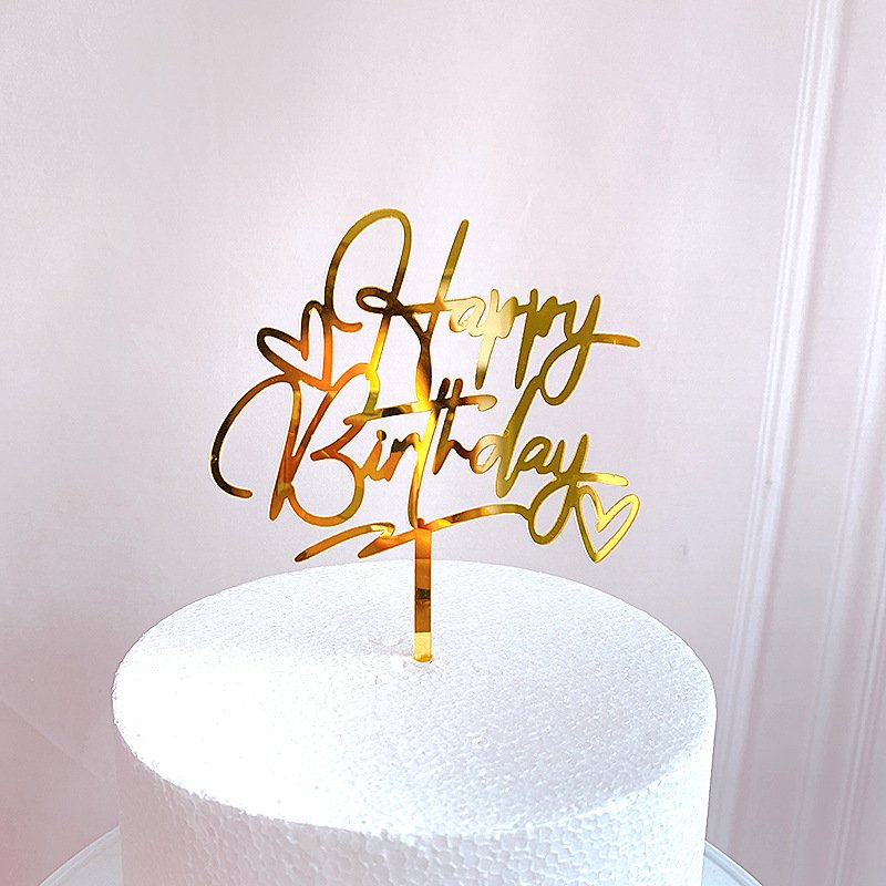 INS Original Gold Happy Birthday Mini Heart Cake Toppers Acrylic Birthday Cupcake Toppers Kids Birthday Party Cake Decorations