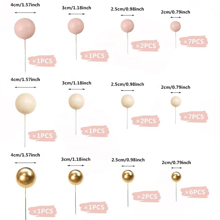 Light Brown Gold Pearl Ball Shaped Cupcake Insert Cake Topper for Baby Shower Birthday Party Favors Decoration Supplies