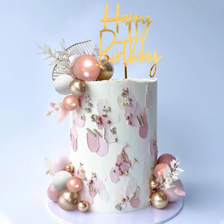 Pearlescent Pink Balls Cake Topper Boho Grass Golden White Balls Cake Decoration for Wedding Baby Shower Birthday Party Supplies