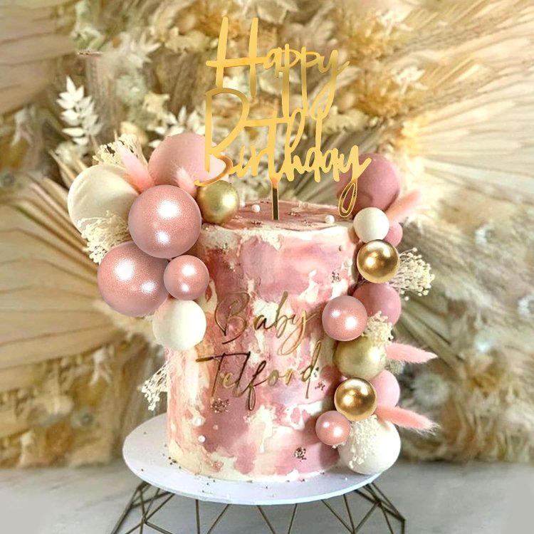 Pearlescent Pink Balls Cake Topper Boho Grass Golden White Balls Cake Decoration for Wedding Baby Shower Birthday Party Supplies