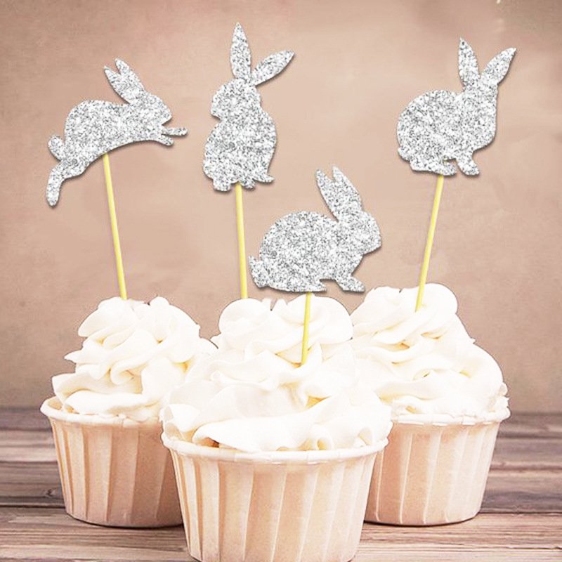 Glittery Easter Rabbit 12pcs Cake Topper Supplies Parties Decorations Paper Cake Topper