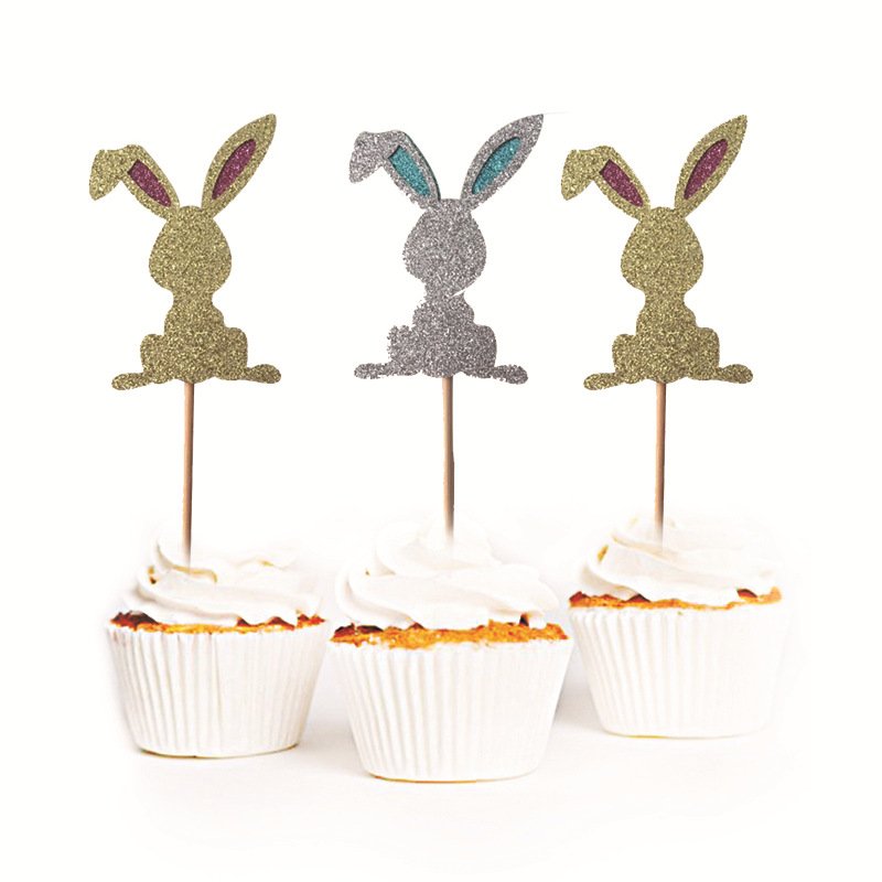 Glittery Easter Rabbit 12pcs Cake Topper Supplies Parties Decorations Paper Cake Topper
