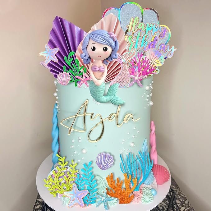 20 PCS Mermaid Cake Toppers with 3D Mermaid Seaweed Folding Fans Shell Starfish Cake Decoration for Kids Birthday Party Supplies