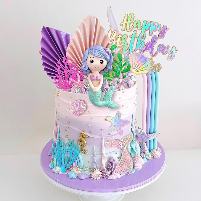 20 PCS Mermaid Cake Toppers with 3D Mermaid Seaweed Folding Fans Shell Starfish Cake Decoration for Kids Birthday Party Supplies