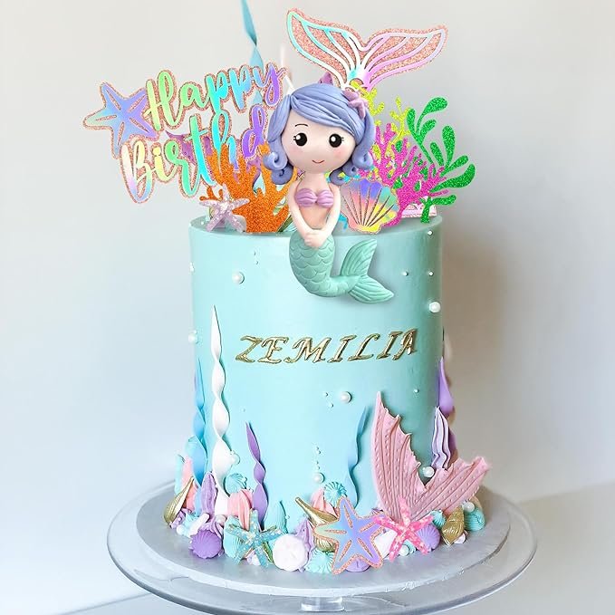 20 PCS Mermaid Cake Toppers with 3D Mermaid Seaweed Folding Fans Shell Starfish Cake Decoration for Kids Birthday Party Supplies