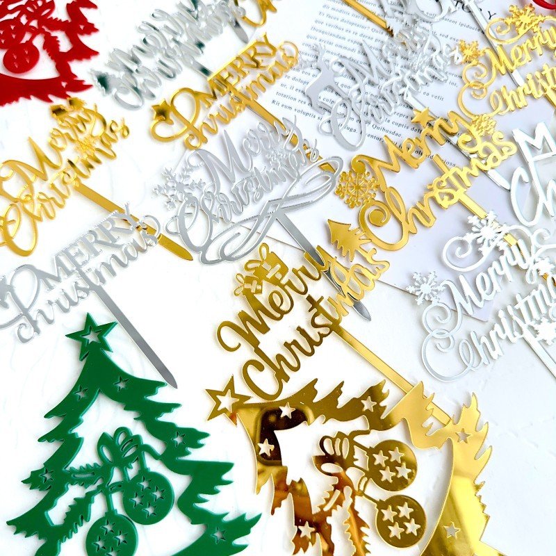 Ychon new hot selling high quality acrylic cake toppers brilliant merry christmas cake toppers gold and silver decorations