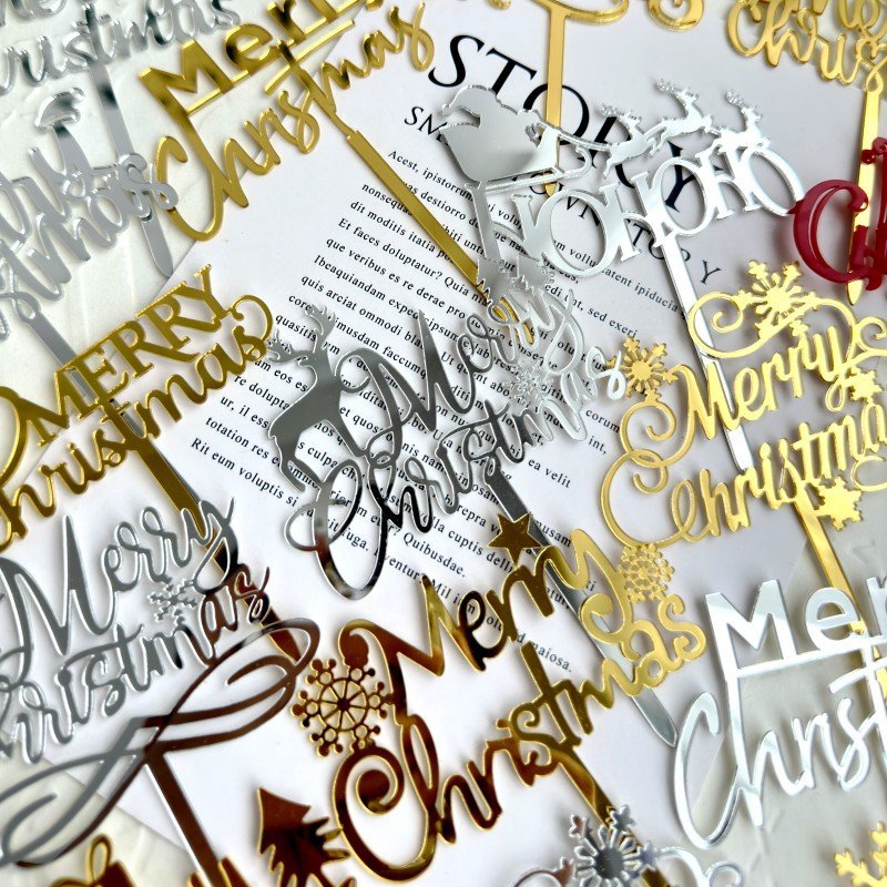 Ychon new hot selling high quality acrylic cake toppers brilliant merry christmas cake toppers gold and silver decorations
