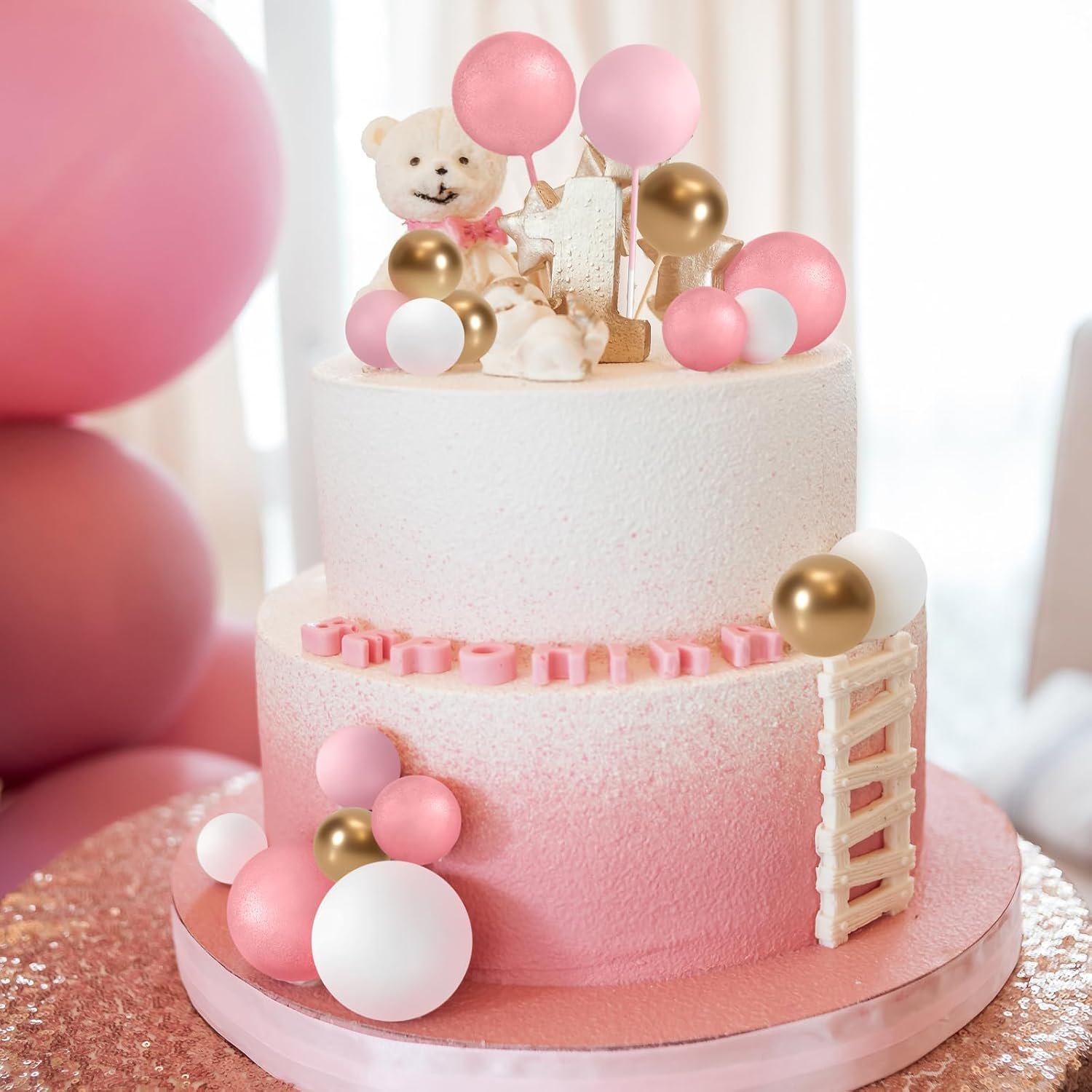 32Pcs Metallic Rose Gold Pink White Ball Cake Topper DIY Cupcake Decorations Mini Balloons Cake Topper Sticks 4 Colors & Sizes