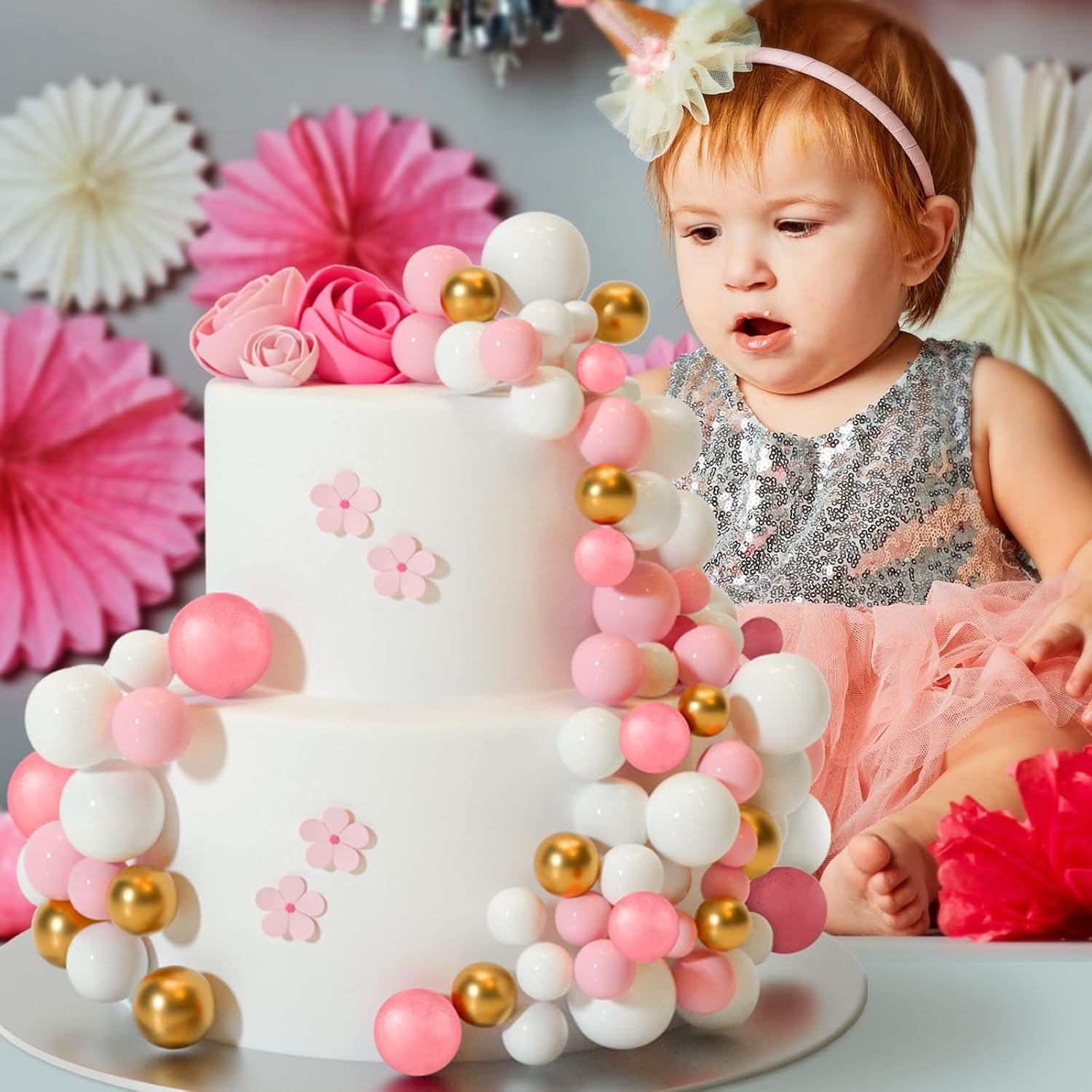 32Pcs Metallic Rose Gold Pink White Ball Cake Topper DIY Cupcake Decorations Mini Balloons Cake Topper Sticks 4 Colors & Sizes