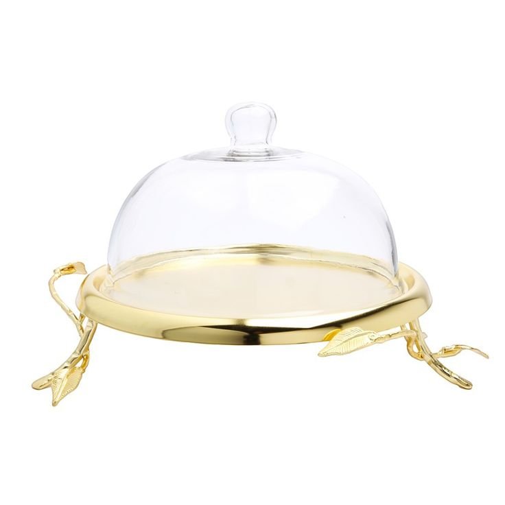 Leaf Decorative Cake Stand With Glass Dome In Gold Finished Premium Design For Wedding Table Centerpiece & Party Decor